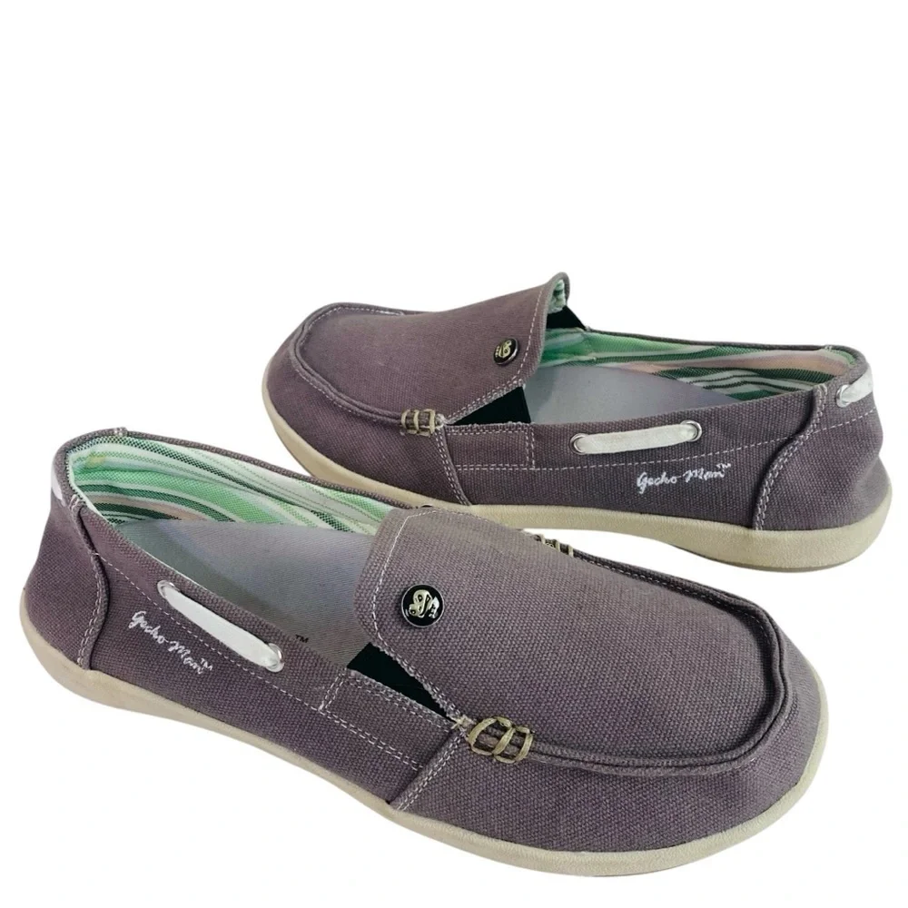 Gecko Man Grey Canvas Slip On Loafer Boat Shoes Size 8.5